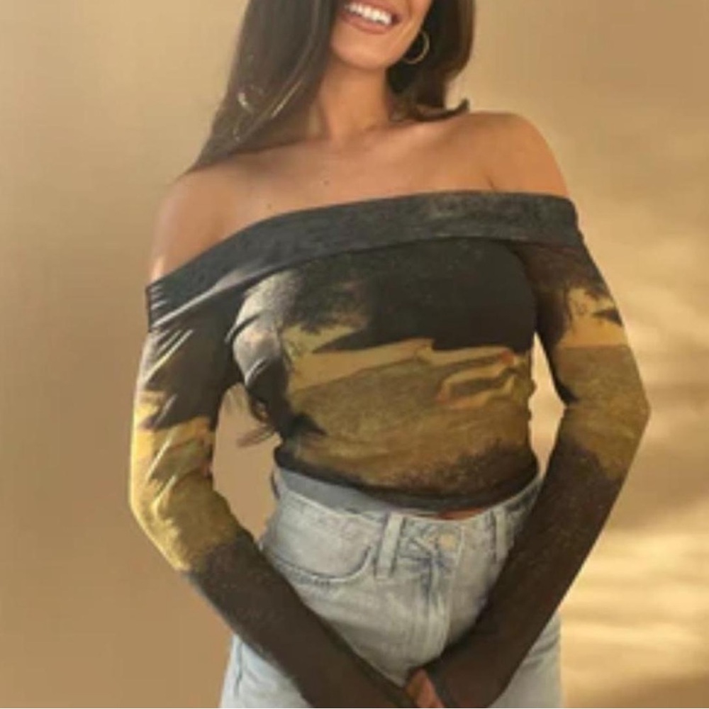 Black and Brown Off-Shoulder Long Sleeve Top